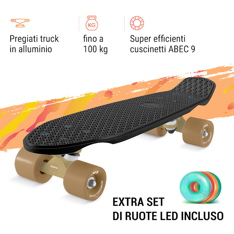 Mini Cruiser skateboard, trickboard, tavola in PP, 100kg, ruote a LED, PU, durezza: 88A Nero | Oro