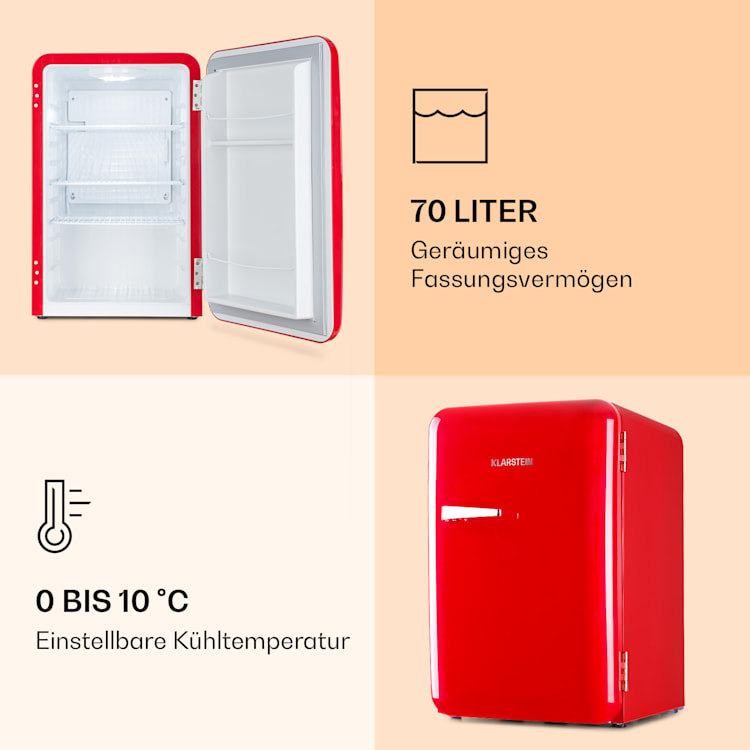 Audrey Retro-Kühlschrank 70 Liter 3 Regale 2 Türfächer Innenbeleuchtung Rot
