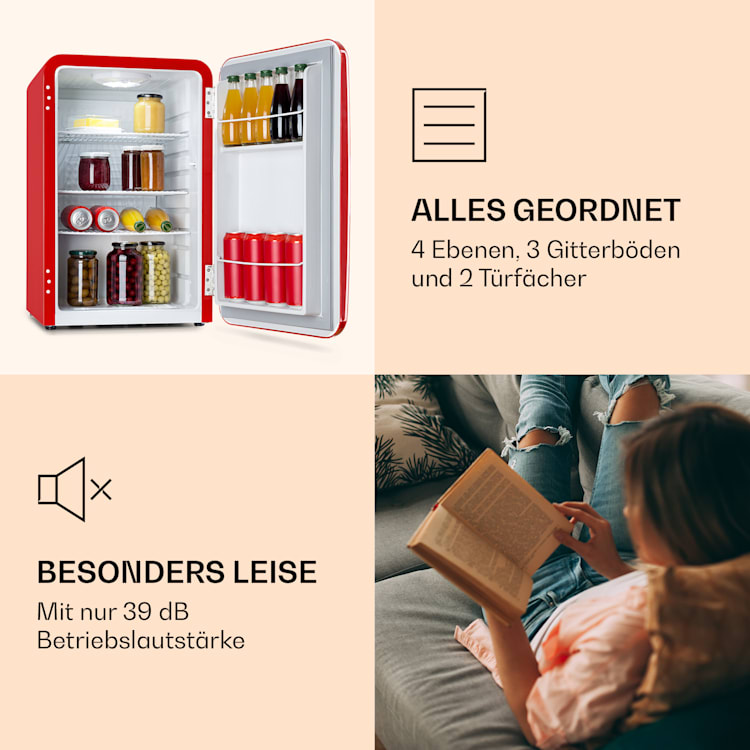 Audrey Retro-Kühlschrank 70 Liter 3 Regale 2 Türfächer Innenbeleuchtung Rot