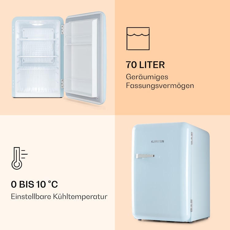Audrey Retro-Kühlschrank 70 Liter 3 Regale 2 Türfächer Innenbeleuchtung Pastellblau