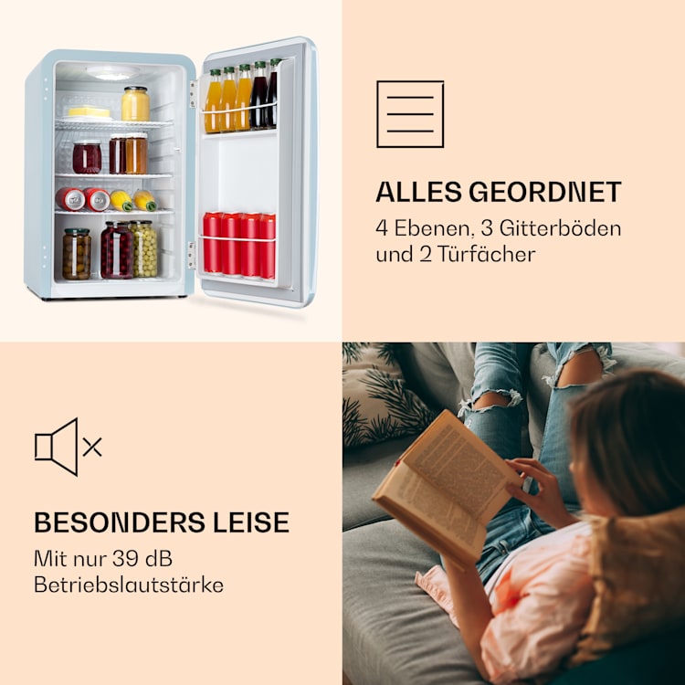 Audrey Retro-Kühlschrank 70 Liter 3 Regale 2 Türfächer Innenbeleuchtung Pastellblau