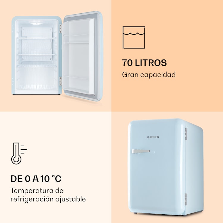 Mini nevera retro Audrey 70 Litros 3 baldas 2 compartimentos en la puerta iluminación interior 70 L | Azul Pastel