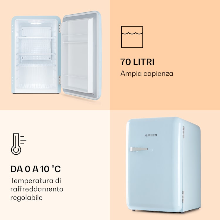 Audrey Frigorifero rétro 70 litri 3 ripiani 2 scomparti porta Illuminazione interna Blu