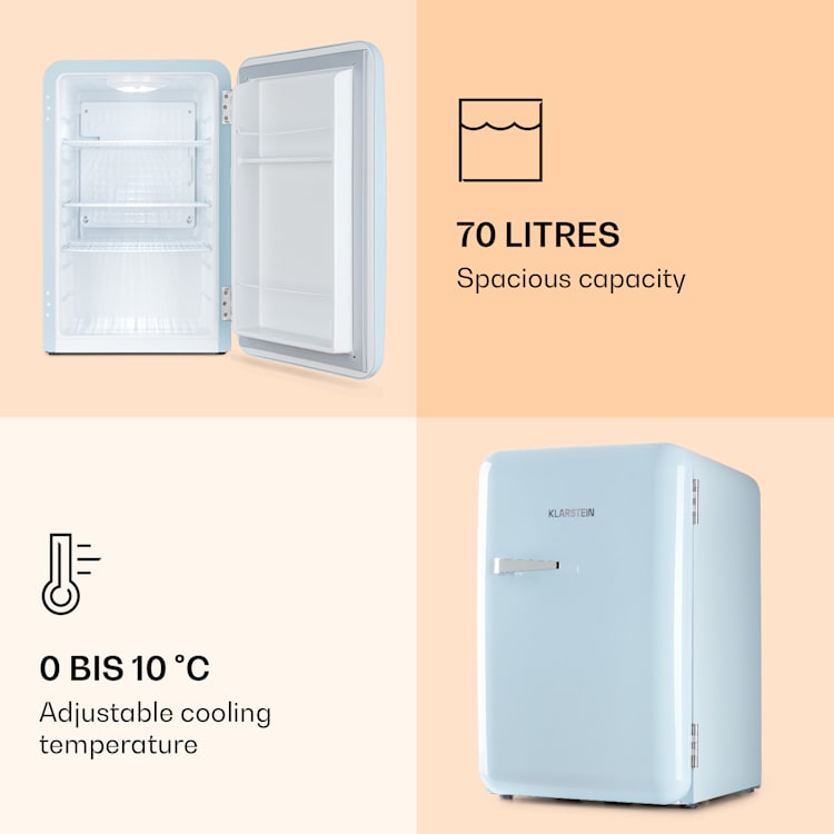 Frigorífico retro Audrey 70 Litros 3 Prateleiras 2 Compartimentos de porta Iluminação Interior 70 L | Azul Pastel