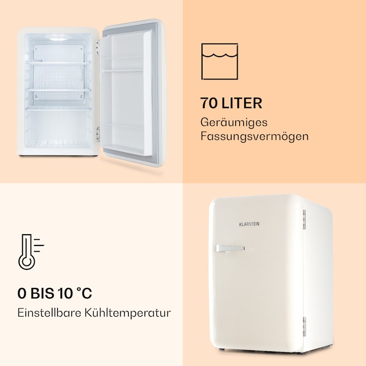 Audrey Retro-Kühlschrank 70 Liter 3 Regale 2 Türfächer Innenbeleuchtung Creme
