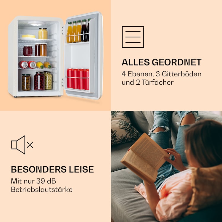 Audrey Retro-Kühlschrank 70 Liter 3 Regale 2 Türfächer Innenbeleuchtung Creme