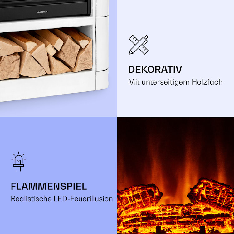 Dukono Elektrokamin 1800 W LED-Flammen Heizlüfter Timer Holzfach Weiß