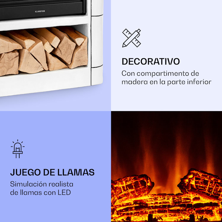 Dukono Chimenea eléctrica 1800 W Llamas led Calefactor ventilador Temporizador Compartimento de madera Blanco