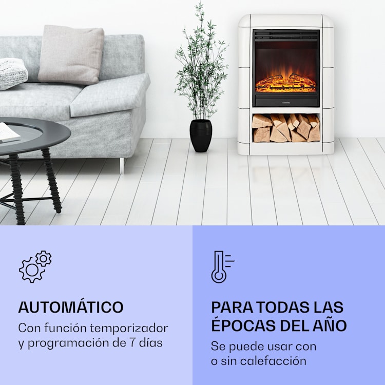 Dukono Chimenea eléctrica 1800 W Llamas led Calefactor ventilador Temporizador Compartimento de madera Blanco