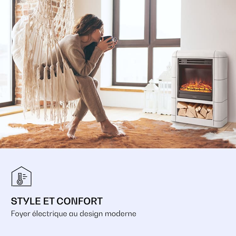 Dukono Cheminée électrique 1800 W Flammes LED radiateur soufflant minuterie compartiment à bois Blanc