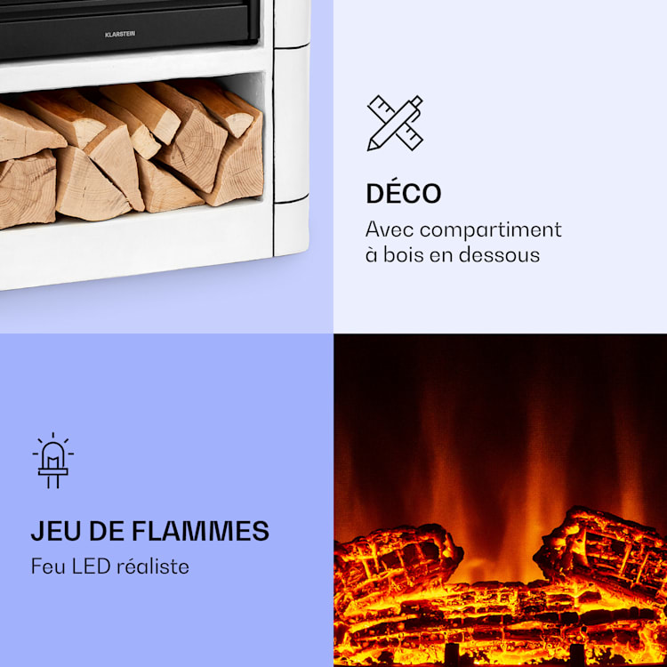 Dukono Cheminée électrique 1800 W Flammes LED radiateur soufflant minuterie compartiment à bois Blanc