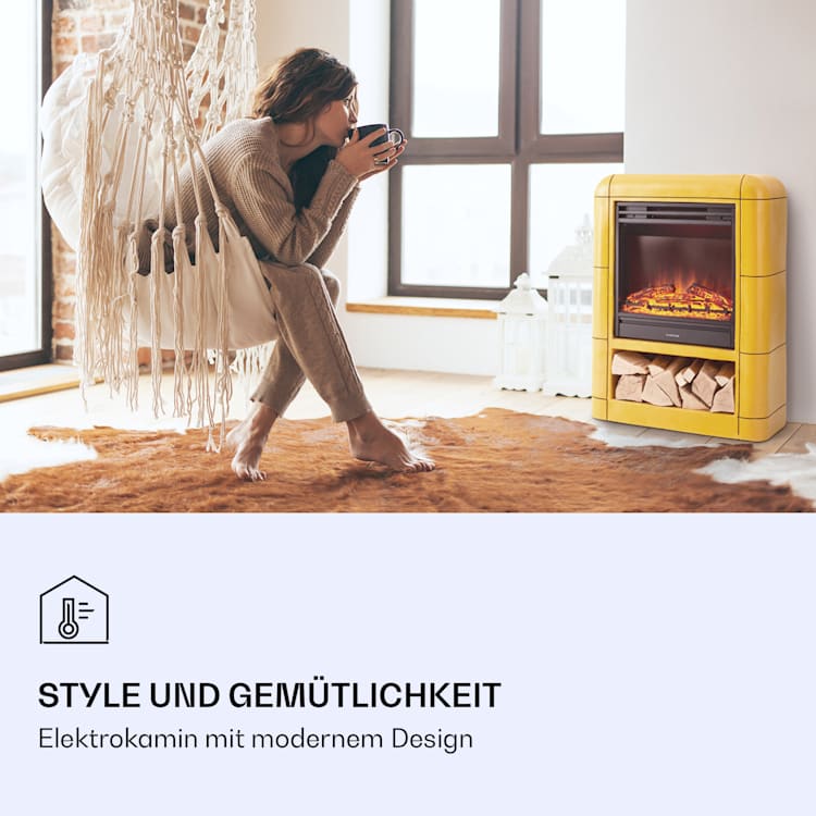 Dukono Elektrokamin 1800 W LED-Flammen Heizlüfter Timer Holzfach Gelb