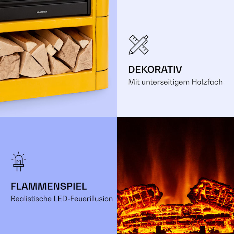 Dukono Elektrokamin 1800 W LED-Flammen Heizlüfter Timer Holzfach Gelb
