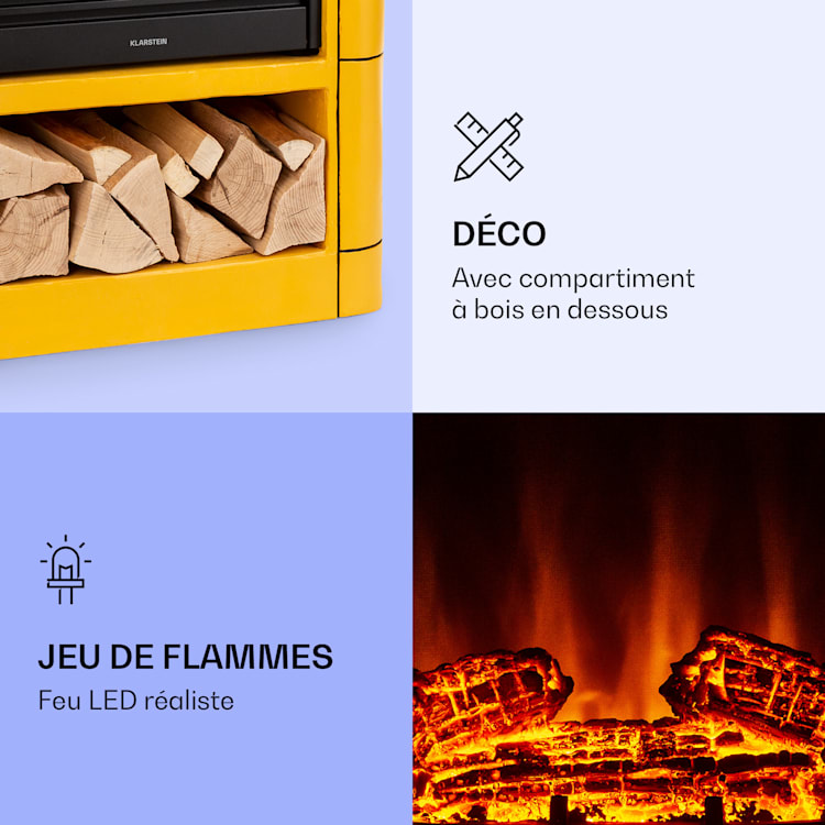 Dukono Cheminée électrique 1800 W Flammes LED radiateur soufflant minuterie compartiment à bois Jaune
