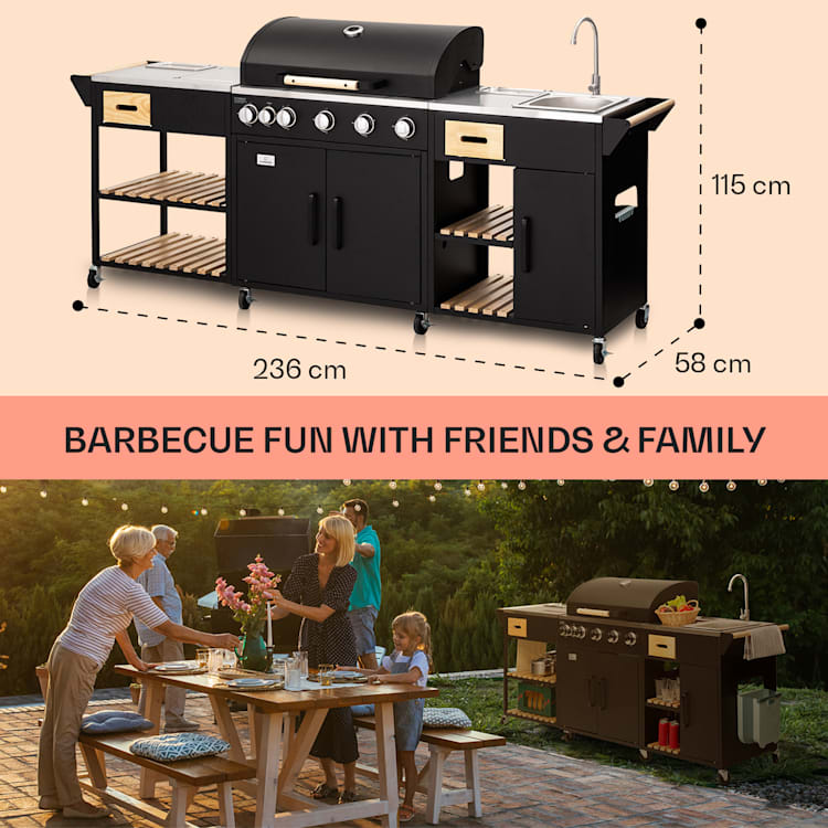 Cozinha para exterior Jersey com grelhador a gás e lava-loiça 20,7 kW 5+1 queimadores portátil