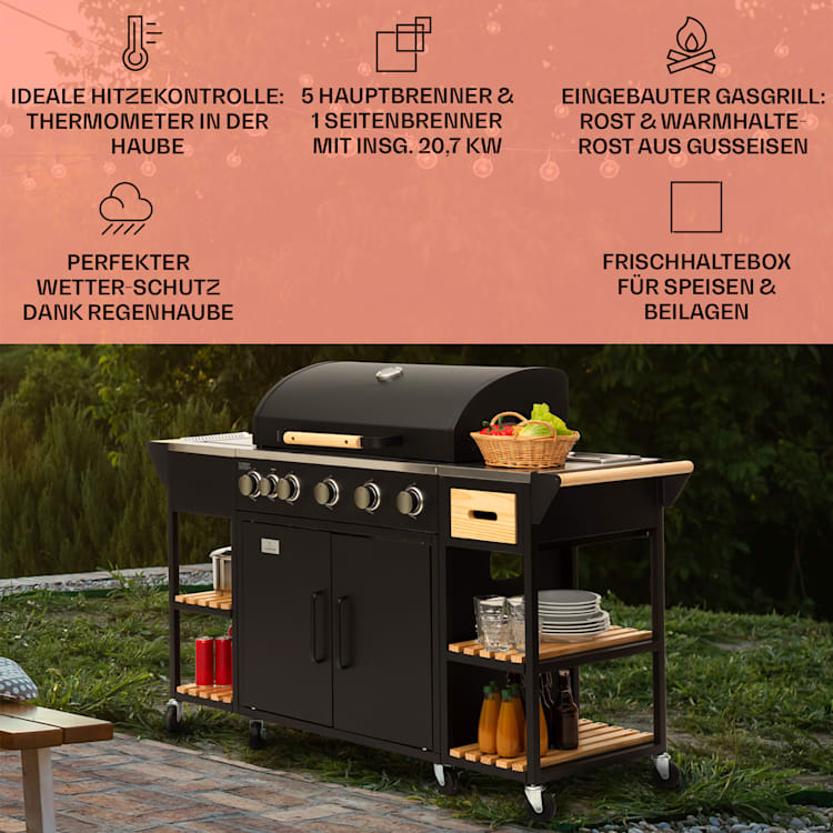 Jersey Outdoor Kitchen Gasgrill 20,7 kW 5+1 Brenner mobil Regenschutz