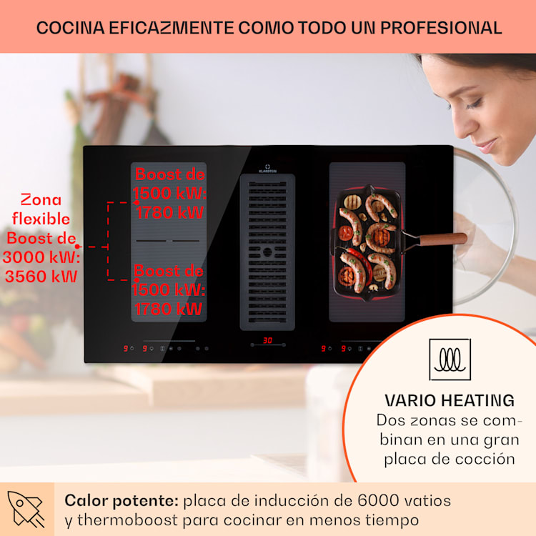 Cocina de inducción con sistema de aire descendente + campana extractora 477 m³/h EEC A+ 88 cm | Negro