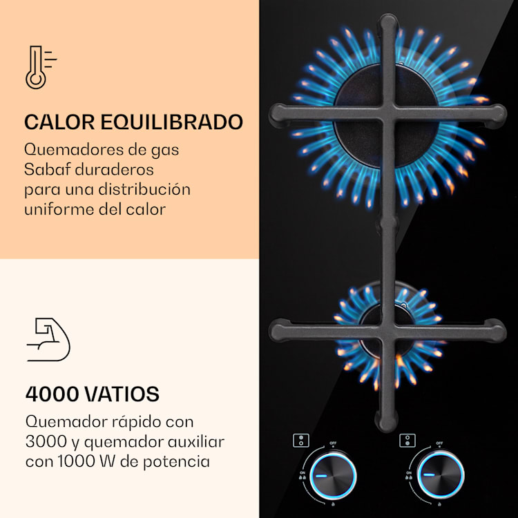 Illuminosa Domino Placa de gas 2 quemadores Sabaf vitrocerámica 2 | Negro