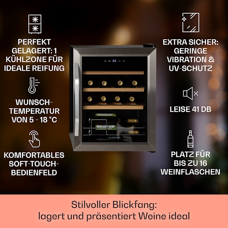 Vinamour 16 Uno Weinkühlschrank 16Fl./42l 5-18°C 41dB Glas 16 Flaschen | 1 Kühlzone | Edelstahl
