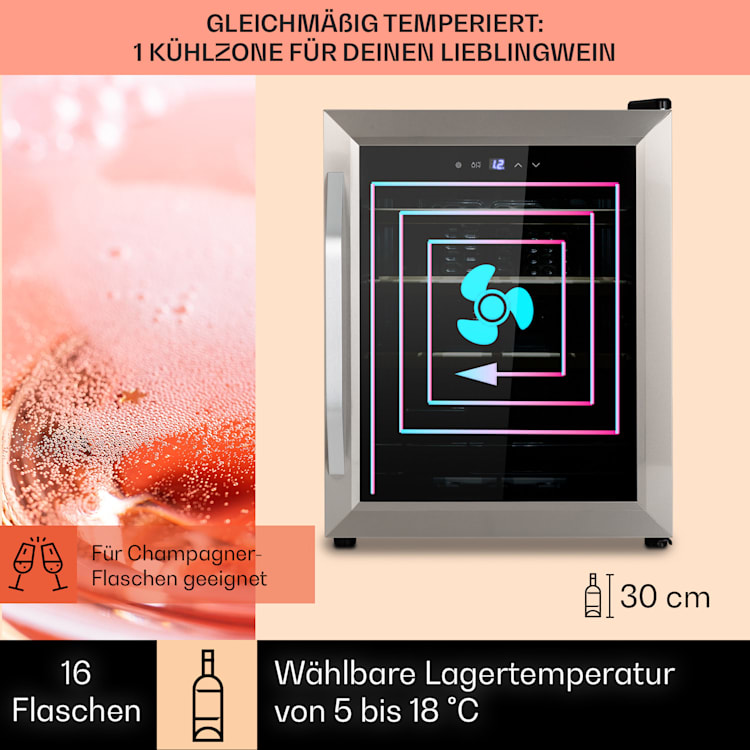 Vinamour 16 Uno Weinkühlschrank 16Fl./42l 5-18°C 41dB Glas 16 Flaschen | 1 Kühlzone | Edelstahl