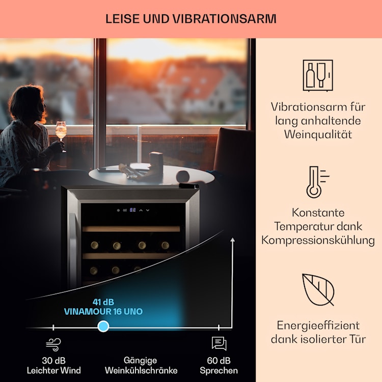 Vinamour 16 Uno Weinkühlschrank 16Fl./42l 5-18°C 41dB Glas 16 Flaschen | 1 Kühlzone | Edelstahl