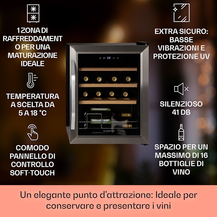 Vinamour 16 Uno - Frigorifero per vini, 16 bottiglie/42 L, 5-18 °C, 41 dB, vetro