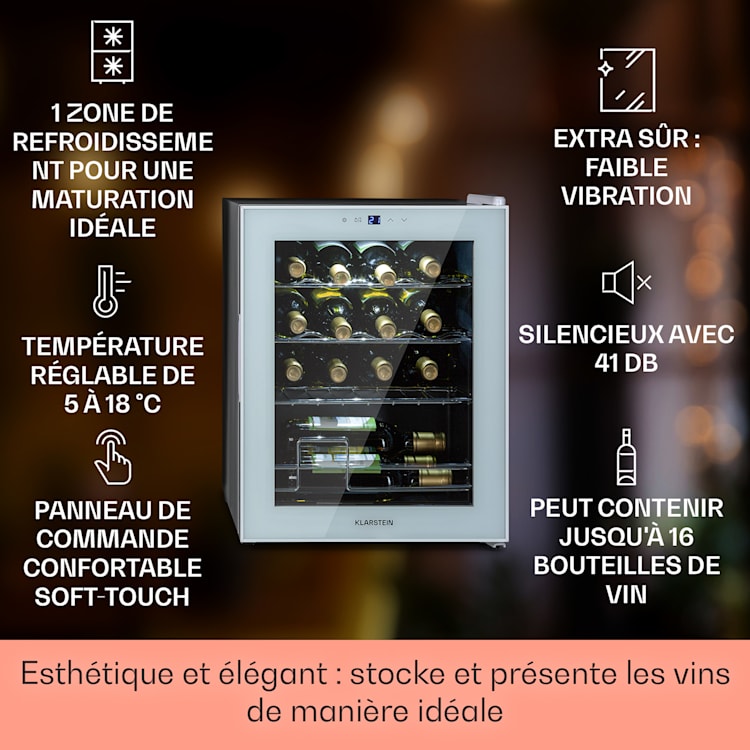 Shiraz 16 Uno Cave à vin 42 l Panneau de contrôle tactile 160 W 5-18°C 16 bouteilles | 1 zone de conservation | Blanc