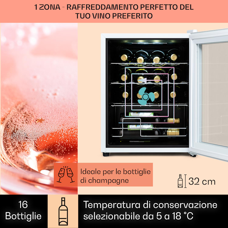 Shiraz 16 Quartz - Frigorifero per vini, 42 l, pannello di controllo touch, 160 W, 5-18 °C 16 bottiglie | 1 zona di raffreddamento | Bianco