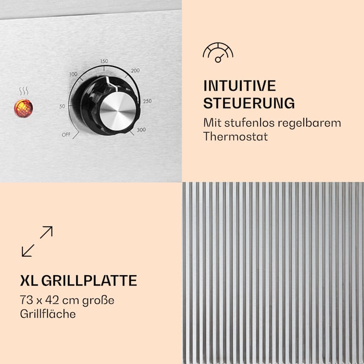 Grillmeile 4400 Elektrogrill Plancha 2x2200W Grillplatte Edelstahl Geriffelte Grillfläche | Edelstahl