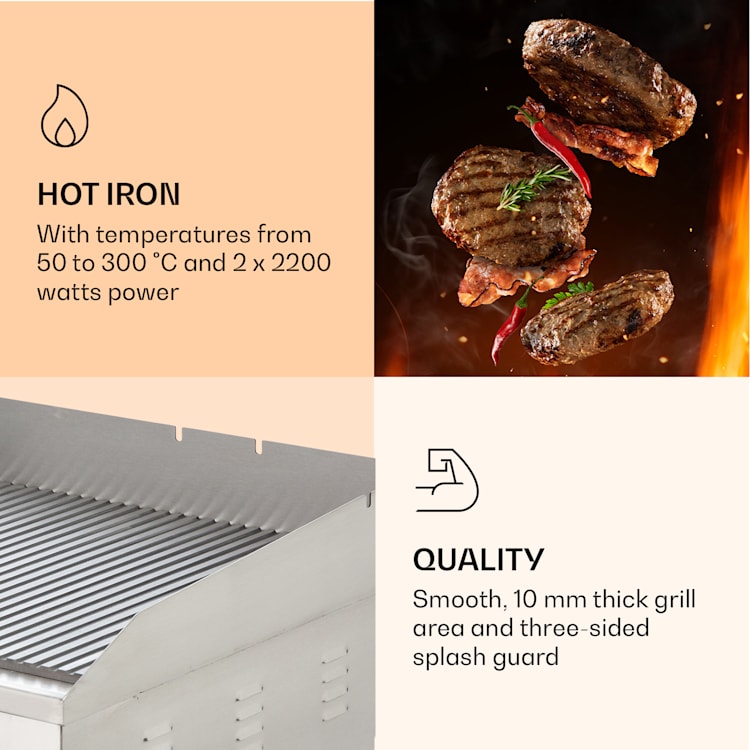 Grillmeile 4400, elektrický gril, Plancha, 2x2200W, grilovacia doska z nerezovej ocele Drážkovaná grilovacia doska | Nehrdzavejúca oceľ