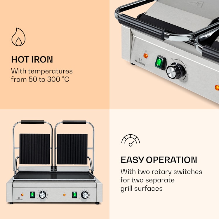 Grillexpress 3600 kontaktgrill sandwichgrill 2x1800W rostfritt stål gjutjärn slät och räfflad grillyta | Rostfritt Stål