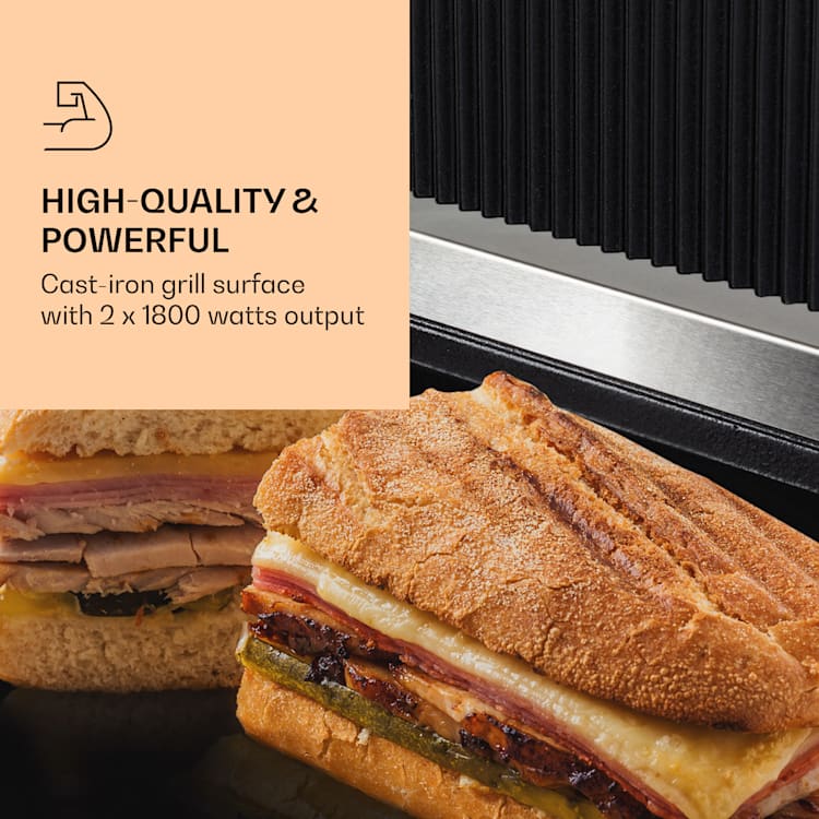Grillexpress 3600 kontaktgrill sandwichgrill 2x1800W rostfritt stål gjutjärn slät och räfflad grillyta | Rostfritt Stål