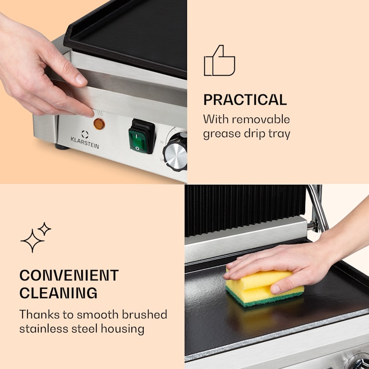 Grillexpress 3600 kontaktgrill sandwichgrill 2x1800W rostfritt stål gjutjärn slät och räfflad grillyta | Rostfritt Stål