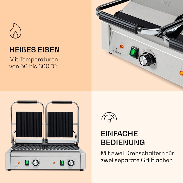 Grillexpress 3600 Kontaktgrill Paninimaker 2x1800W Edelstahl Gusseisen Geriffelte Grillfläche | Edelstahl