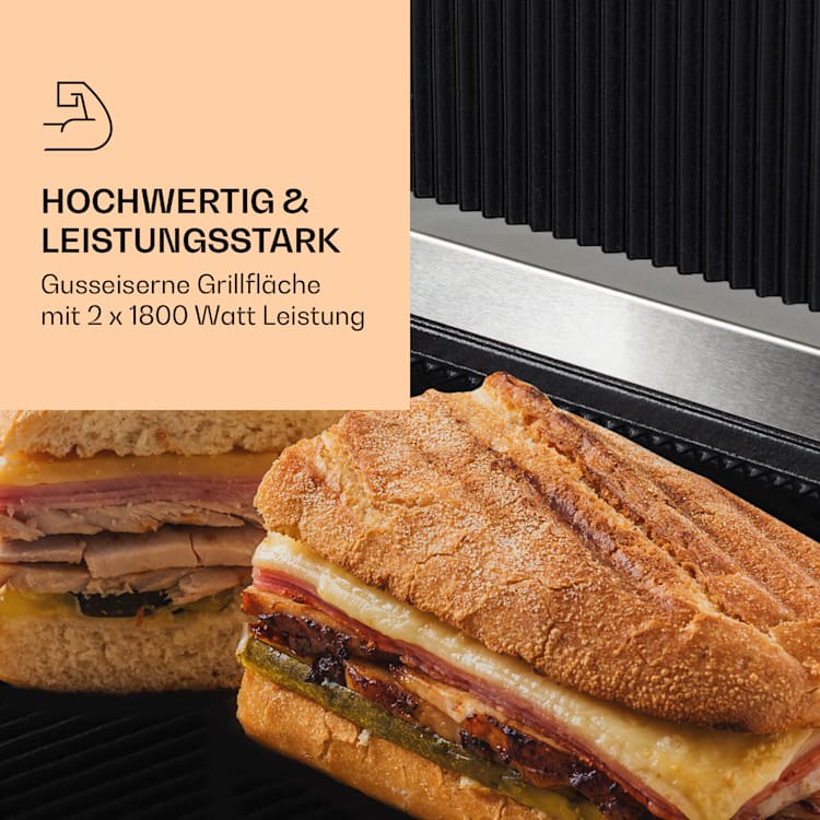 Grillexpress 3600 Kontaktgrill Paninimaker 2x1800W Edelstahl Gusseisen Geriffelte Grillfläche | Edelstahl