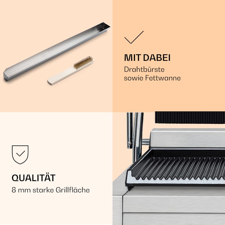 Grillexpress 3600 Kontaktgrill Paninimaker 2x1800W Edelstahl Gusseisen Geriffelte Grillfläche | Edelstahl