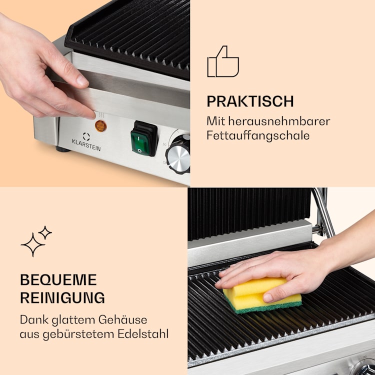 Grillexpress 3600 Kontaktgrill Paninimaker 2x1800W Edelstahl Gusseisen Geriffelte Grillfläche | Edelstahl