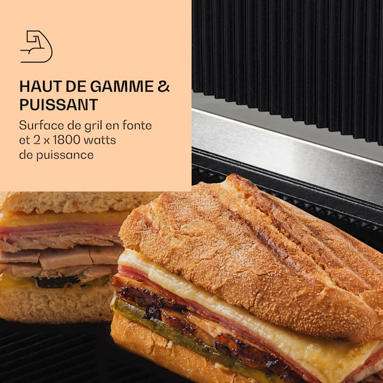 Grillexpress 3600 contactgrill paninimaker 2x1800W roestvrij staal gietijzer Geribbeld grilloppervlak | Roestvrij Staal