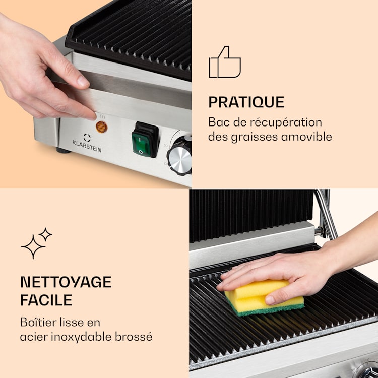 Grillexpress 3600 contactgrill paninimaker 2x1800W roestvrij staal gietijzer Geribbeld grilloppervlak | Roestvrij Staal