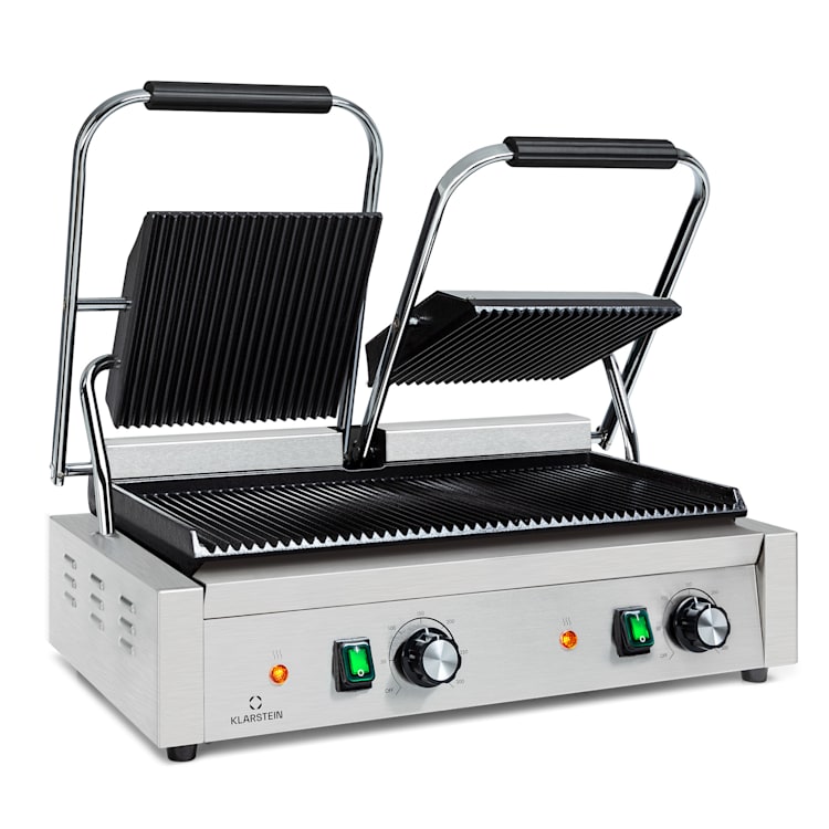 Grillexpress 3600 contactgrill paninimaker 2x1800W roestvrij staal gietijzer Geribbeld grilloppervlak | Roestvrij Staal