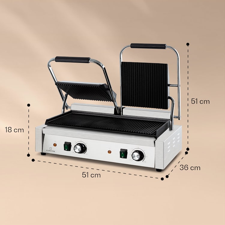 Grillexpress 3600 contactgrill paninimaker 2x1800W roestvrij staal gietijzer Geribbeld grilloppervlak | Roestvrij Staal