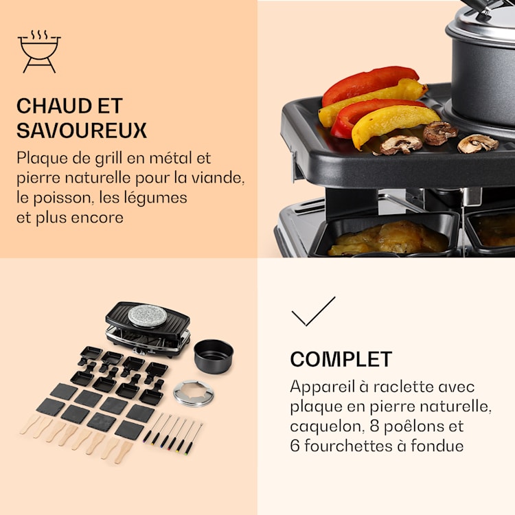 Entrecôte 2 en 1 Appareil à raclette et fondue en pierre naturelle 1100W 8 personnes Dessous de plat