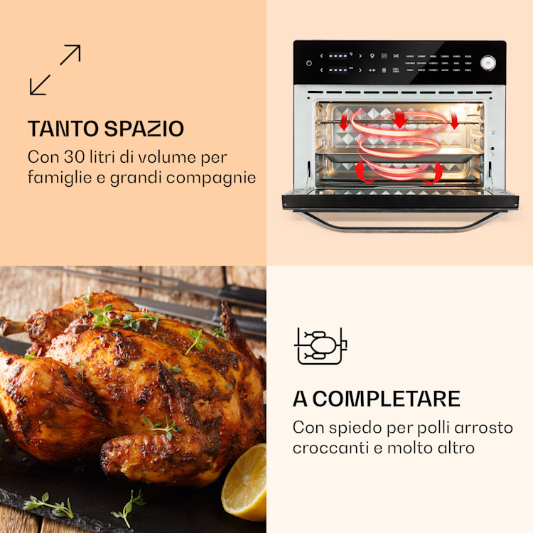 Vigor Air - Friggitrice ad aria calda, 1800 W, 30 litri, 18 programmi, calore dall'alto e dal basso Nero