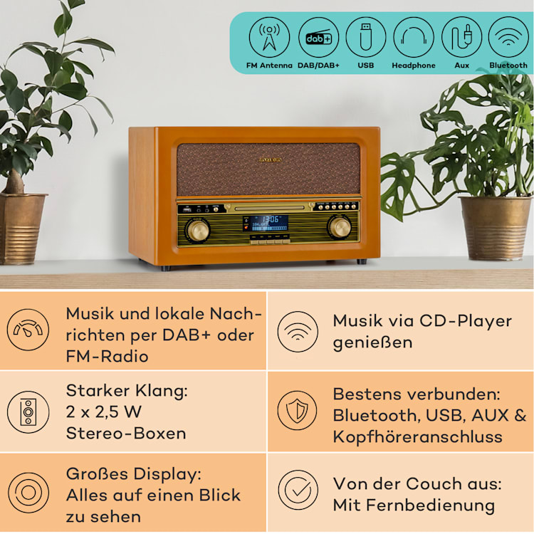 Belle Epoque 1906 DAB Retro-Stereoanlage DAB/UKW-Radio MP3 BT Holz