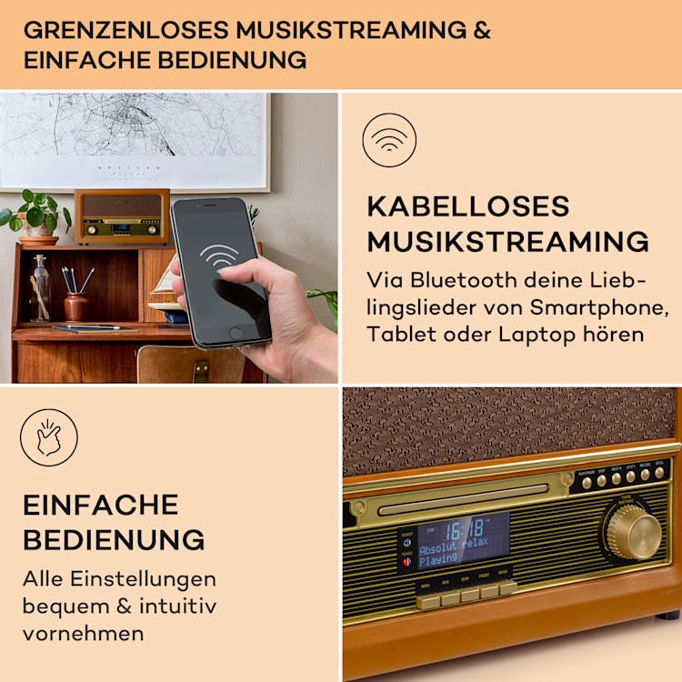 Belle Epoque 1906 DAB Retro-Stereoanlage DAB/UKW-Radio MP3 BT Holz
