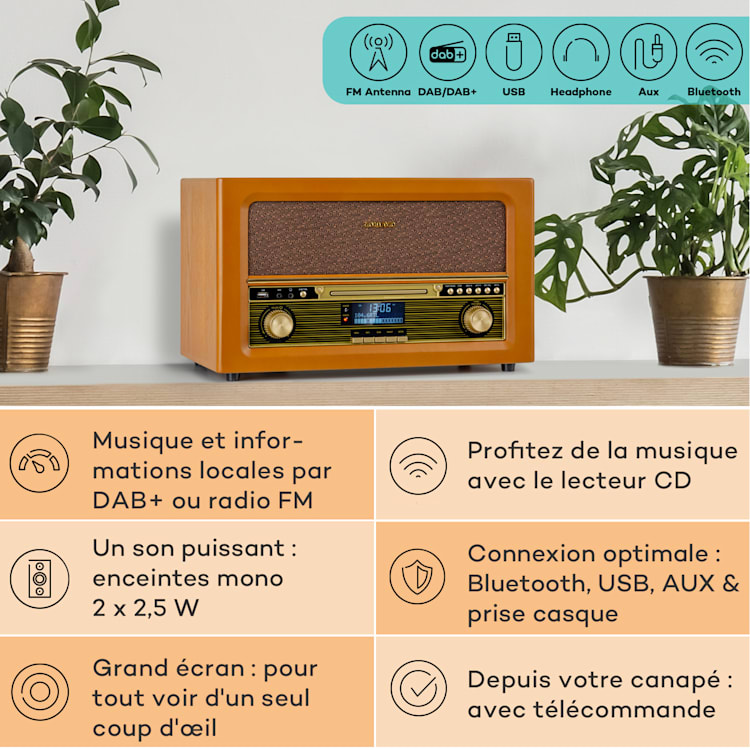 Belle Epoque 1906 DAB retro stereo-installatie radio DAB FM mp3 weergave BT hout