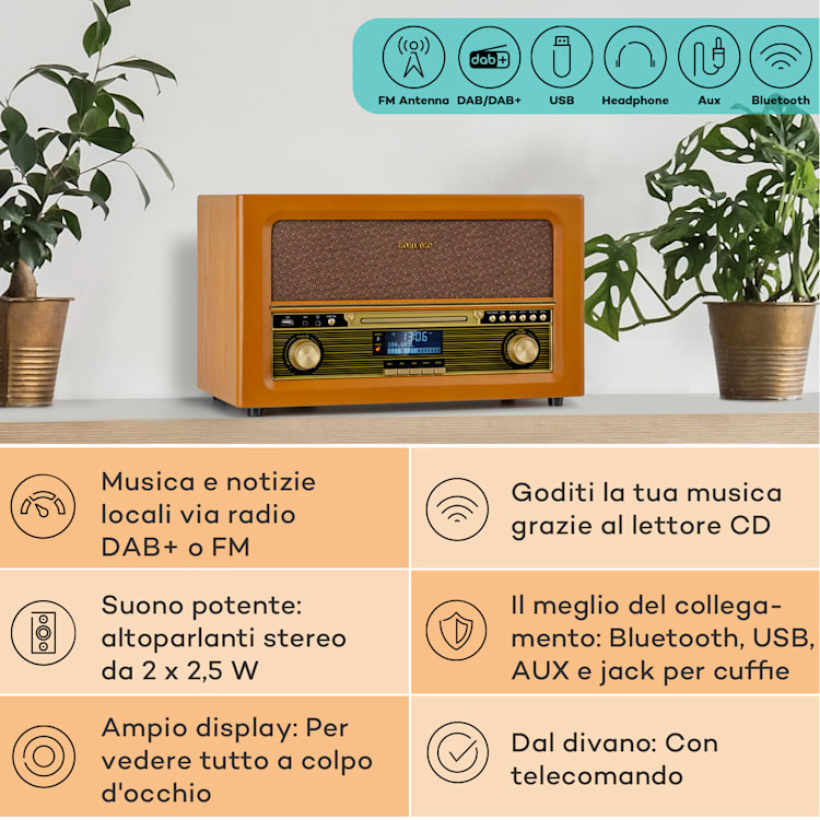Belle Epoque 1906 DAB - Impianto stereo rétro, radio, radio DAB, radio FM, riproduzione MP3, BT Di legno