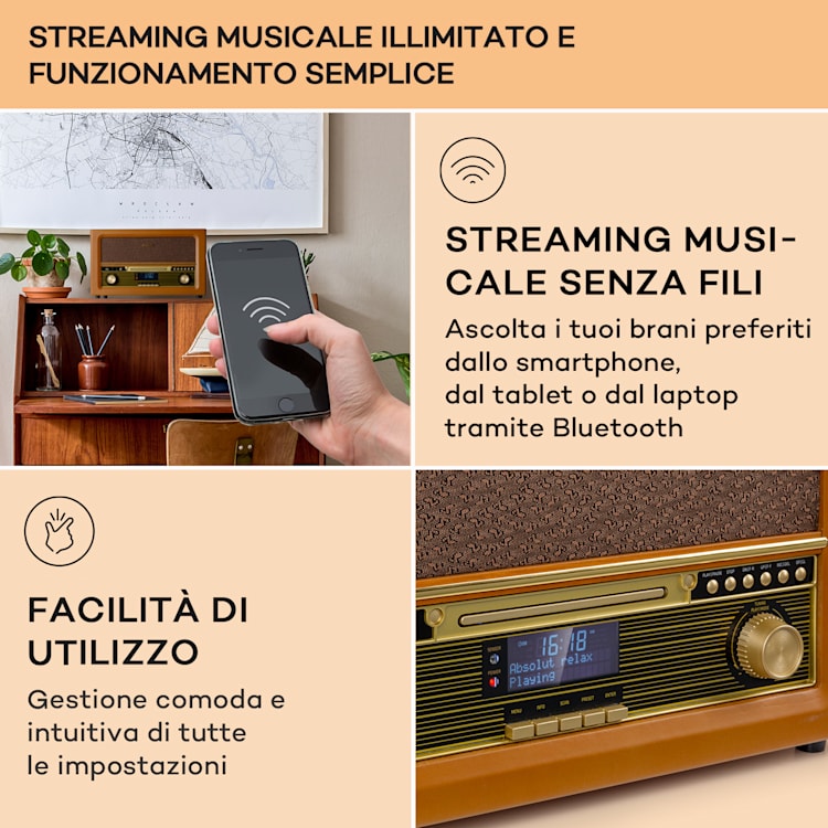 Belle Epoque 1906 DAB - Impianto stereo rétro, radio, radio DAB, radio FM, riproduzione MP3, BT Di legno