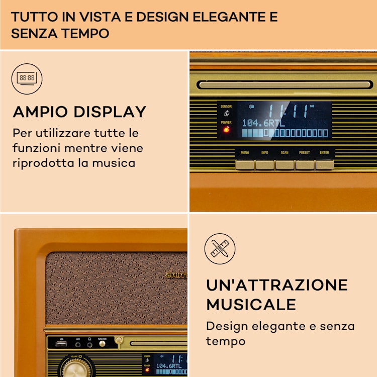 Belle Epoque 1906 DAB - Impianto stereo rétro, radio, radio DAB, radio FM, riproduzione MP3, BT Di legno