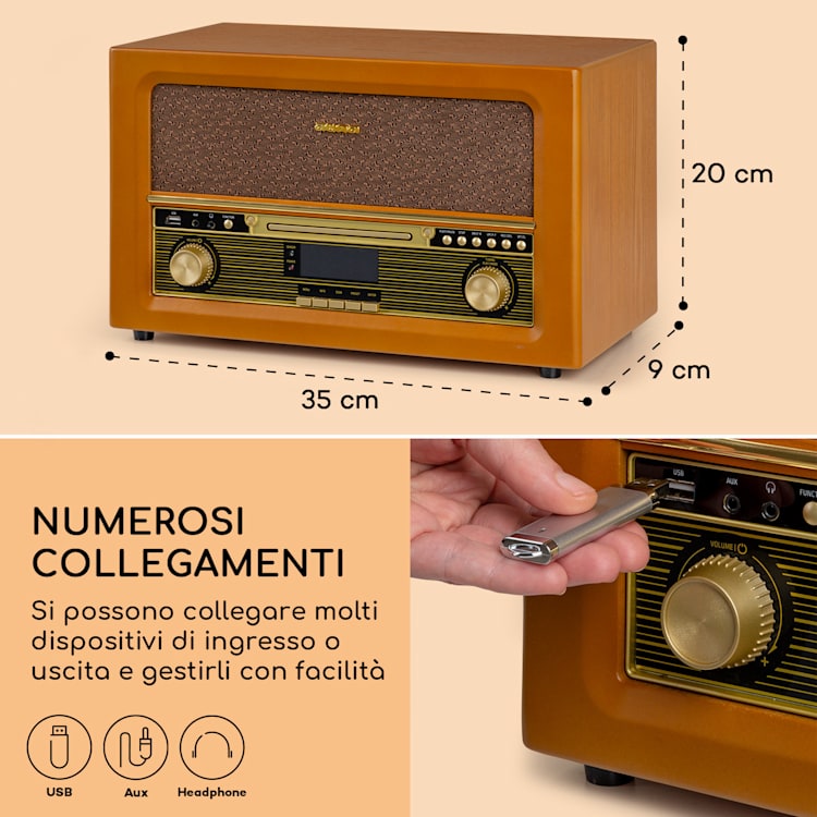 Belle Epoque 1906 DAB - Impianto stereo rétro, radio, radio DAB, radio FM, riproduzione MP3, BT Di legno